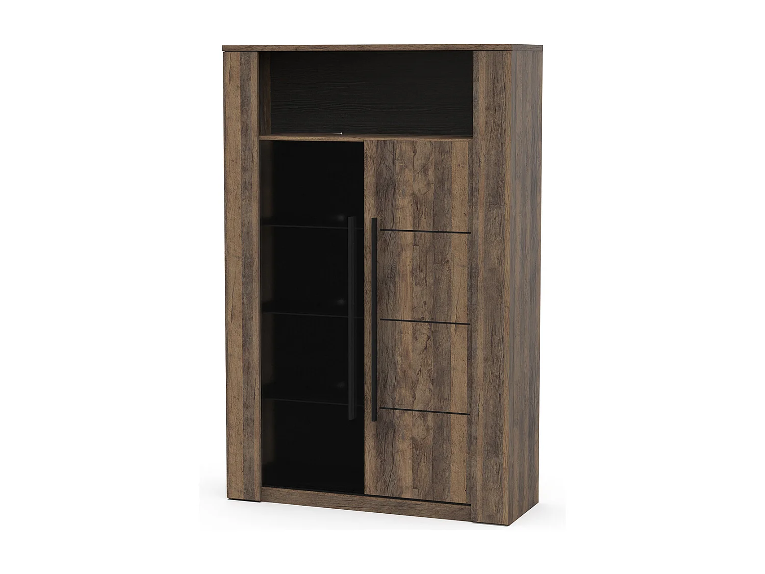 Vitrine meuble de rangement 2 portes couleur chêne foncé / noir - Largeur 114 x Profondeur 39,6 x Hauteur 175,8 cm