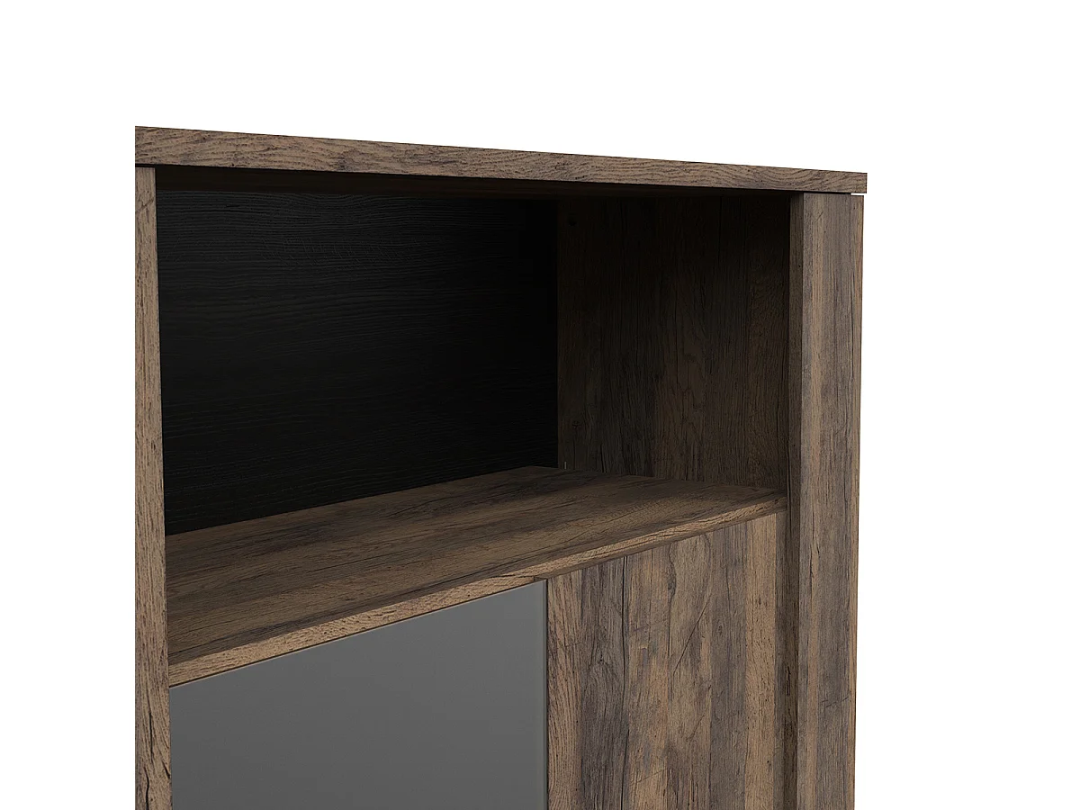 Vitrine meuble de rangement 2 portes couleur chêne foncé / noir - Largeur 114 x Profondeur 39,6 x Hauteur 175,8 cm