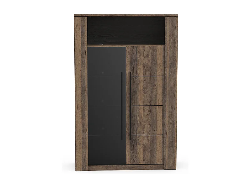 Vitrine meuble de rangement 2 portes couleur chêne foncé / noir - Largeur 114 x Profondeur 39,6 x Hauteur 175,8 cm