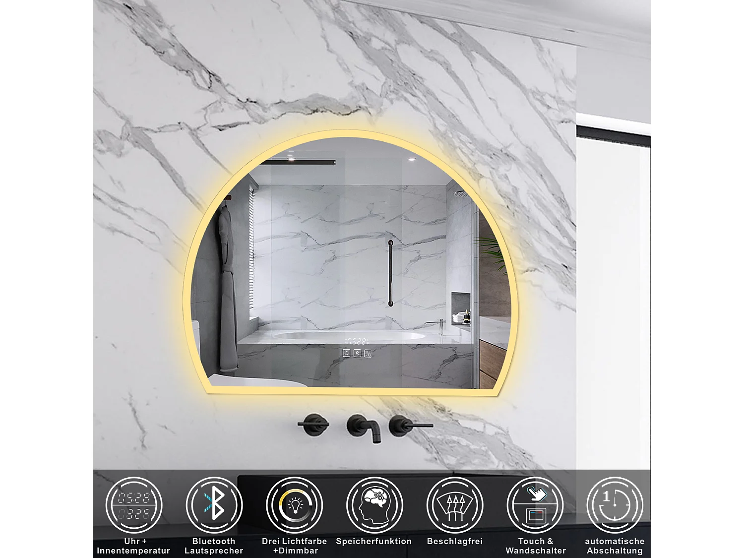 AICA LED Badspiegel 100x80cm Halbrund Bluetooth Uhr Anti-Beschlag 3 Lichfarbe Dimmbar Memory-Funktion