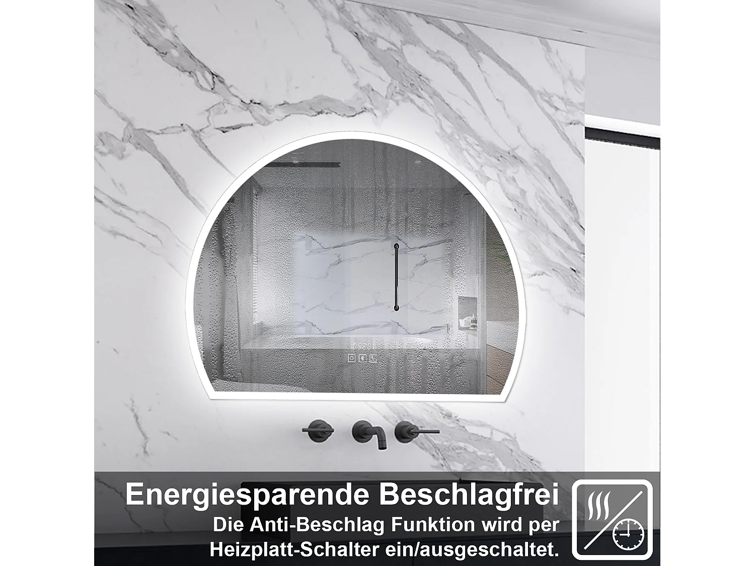 AICA LED Badspiegel 100x80cm Halbrund Bluetooth Uhr Anti-Beschlag 3 Lichfarbe Dimmbar Memory-Funktion