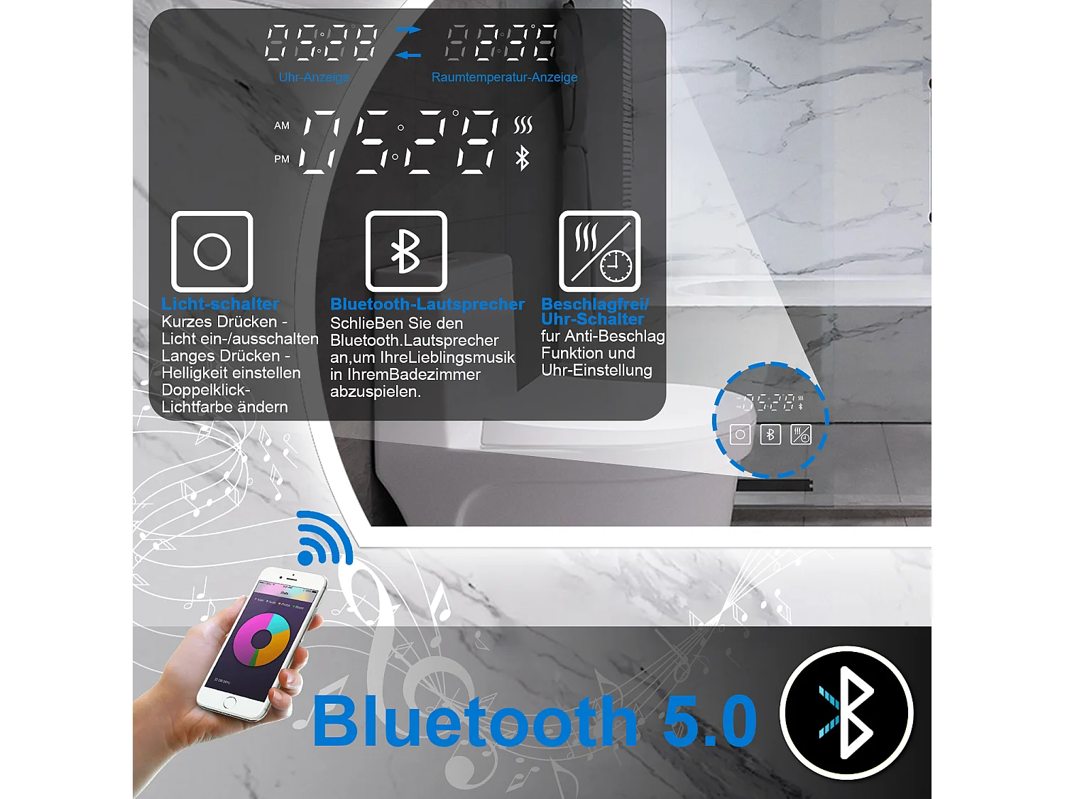 AICA LED Badspiegel 100x80cm Halbrund Bluetooth Uhr Anti-Beschlag 3 Lichfarbe Dimmbar Memory-Funktion