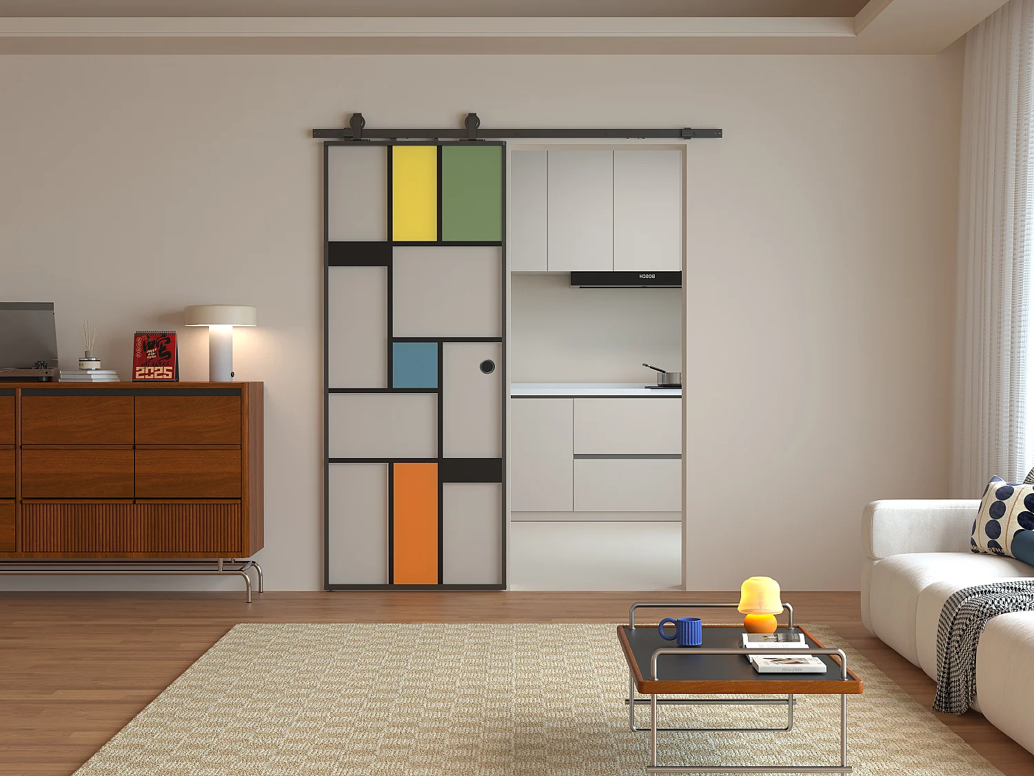 Porte coulissante avec système en applique en aluminium et verre trempé sérigraphié - H204 x L83 cm - MONDANO