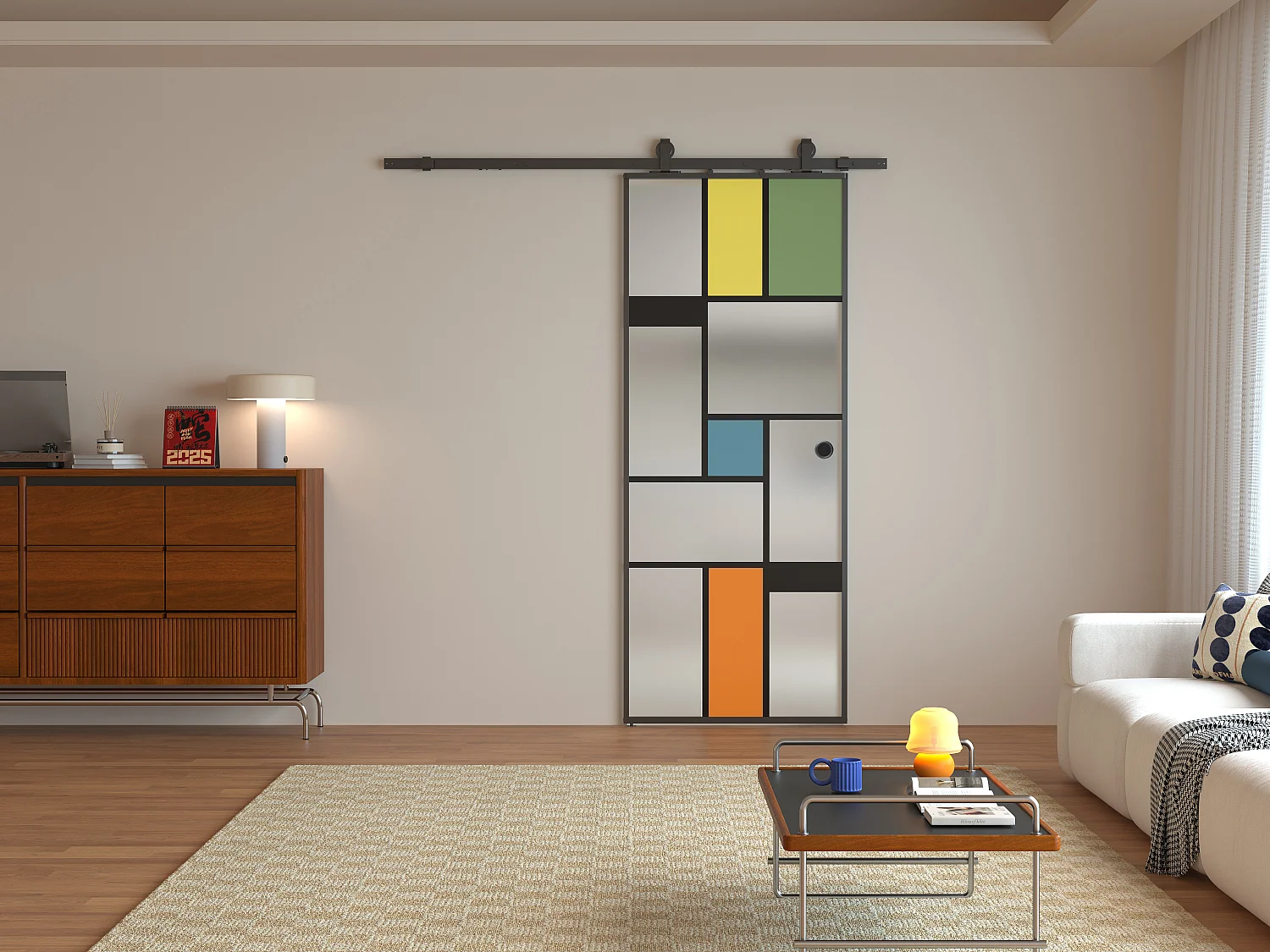 Porte coulissante avec système en applique en aluminium et verre trempé sérigraphié - H204 x L83 cm - MONDANO