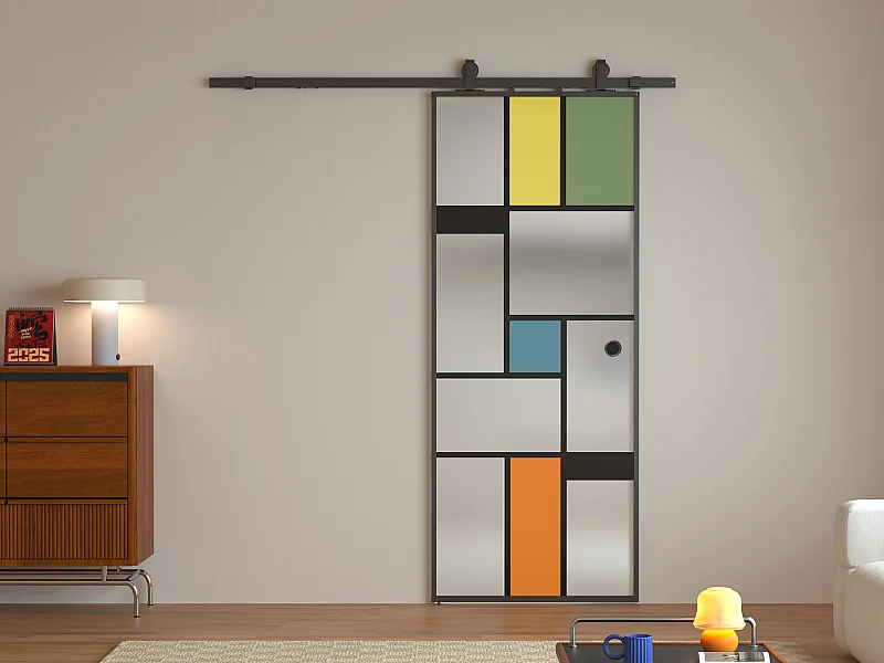 Porte coulissante avec système en applique en aluminium et verre trempé sérigraphié - H204 x L83 cm - MONDANO