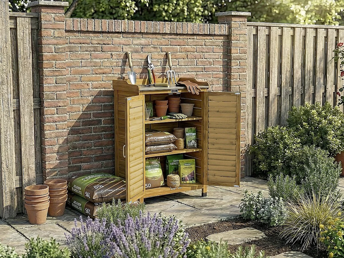Armario de jardín de madera "Alexia" con ruedas - 66 x 41 x 101 cm - Marrón