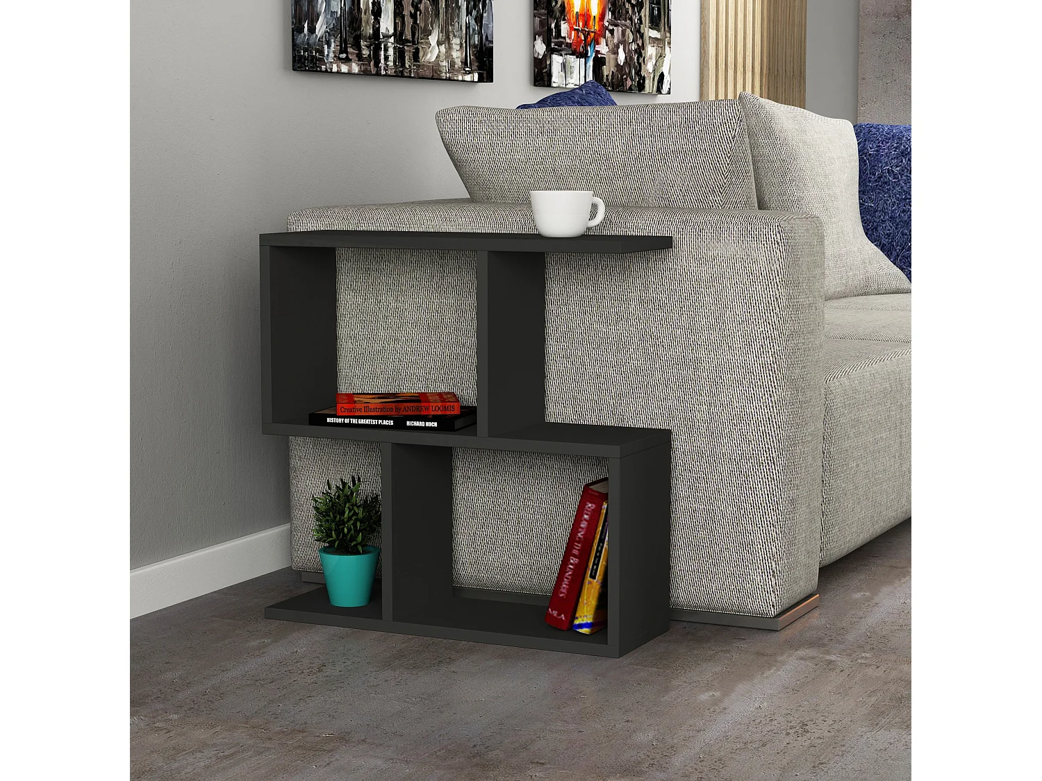 Houten bijzettafel "Mania" antraciet 60x20x60 cm met 2 planken, modern Scandinavisch design