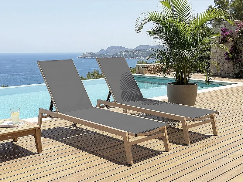 Lot de 2 bains de soleil en aluminium imitation bois "Elysia" - Gris