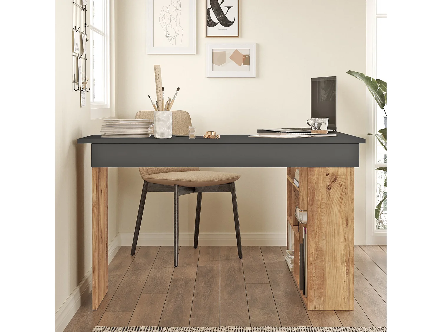 Modernt träskrivbord "CT5" med 8 hyllor - Grå Antracit - 129 x 120 x 72 cm