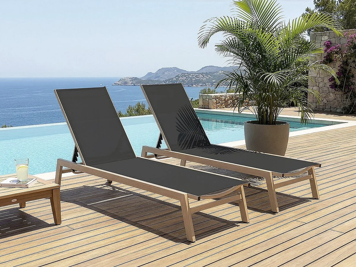 Set di 2 lettini "Elysia" in alluminio effetto legno - Nero