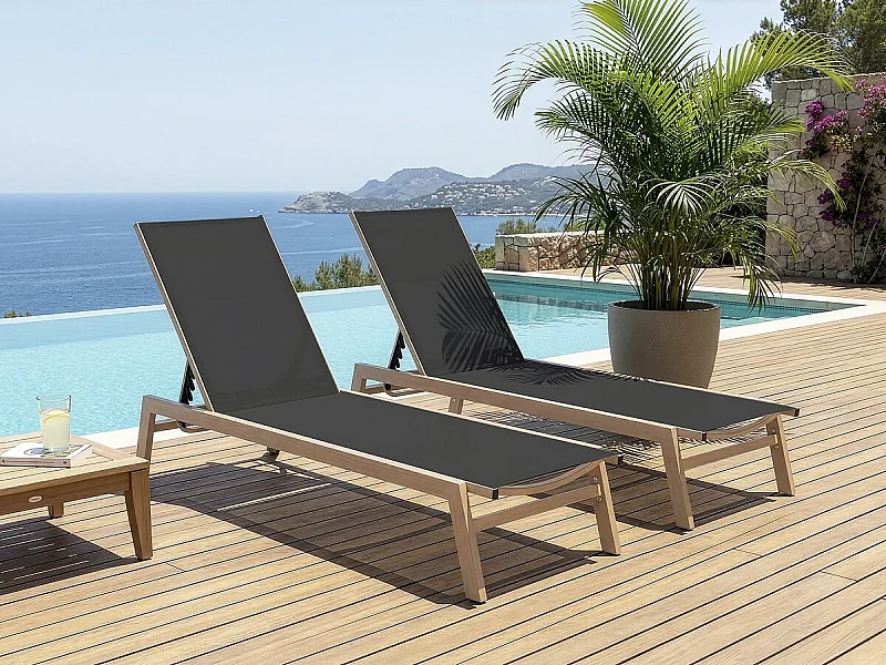 Set di 2 lettini "Elysia" in alluminio effetto legno - Nero