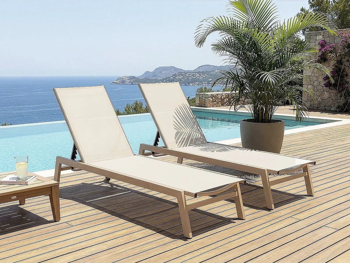 Conjunto de 2 espreguiçadeiras "Elysia" em imitação de madeira e alumínio - Ecru