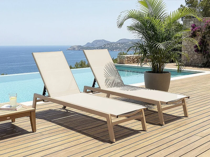 Set di 2 lettini "Elysia" in alluminio finto legno - Ecrù