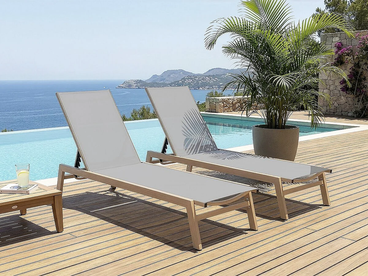 Set di 2 lettini "Elysia" in alluminio effetto legno - Grigio chiaro