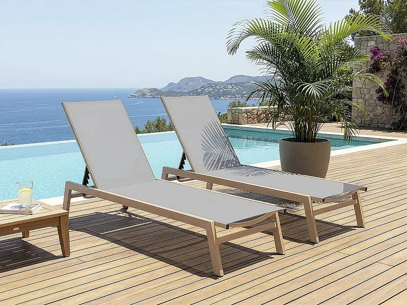 Set di 2 lettini "Elysia" in alluminio effetto legno - Grigio chiaro