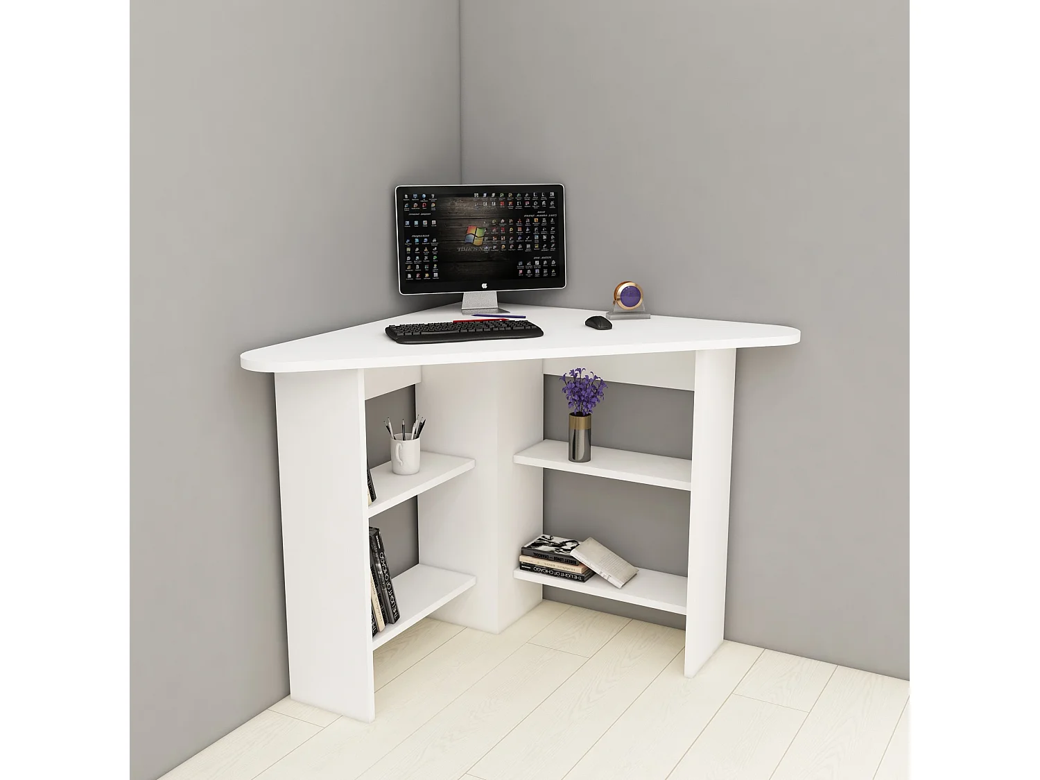Modern hörnskrivbord i vitt trä med 4 hyllor - 80 x 80 x 73 cm
