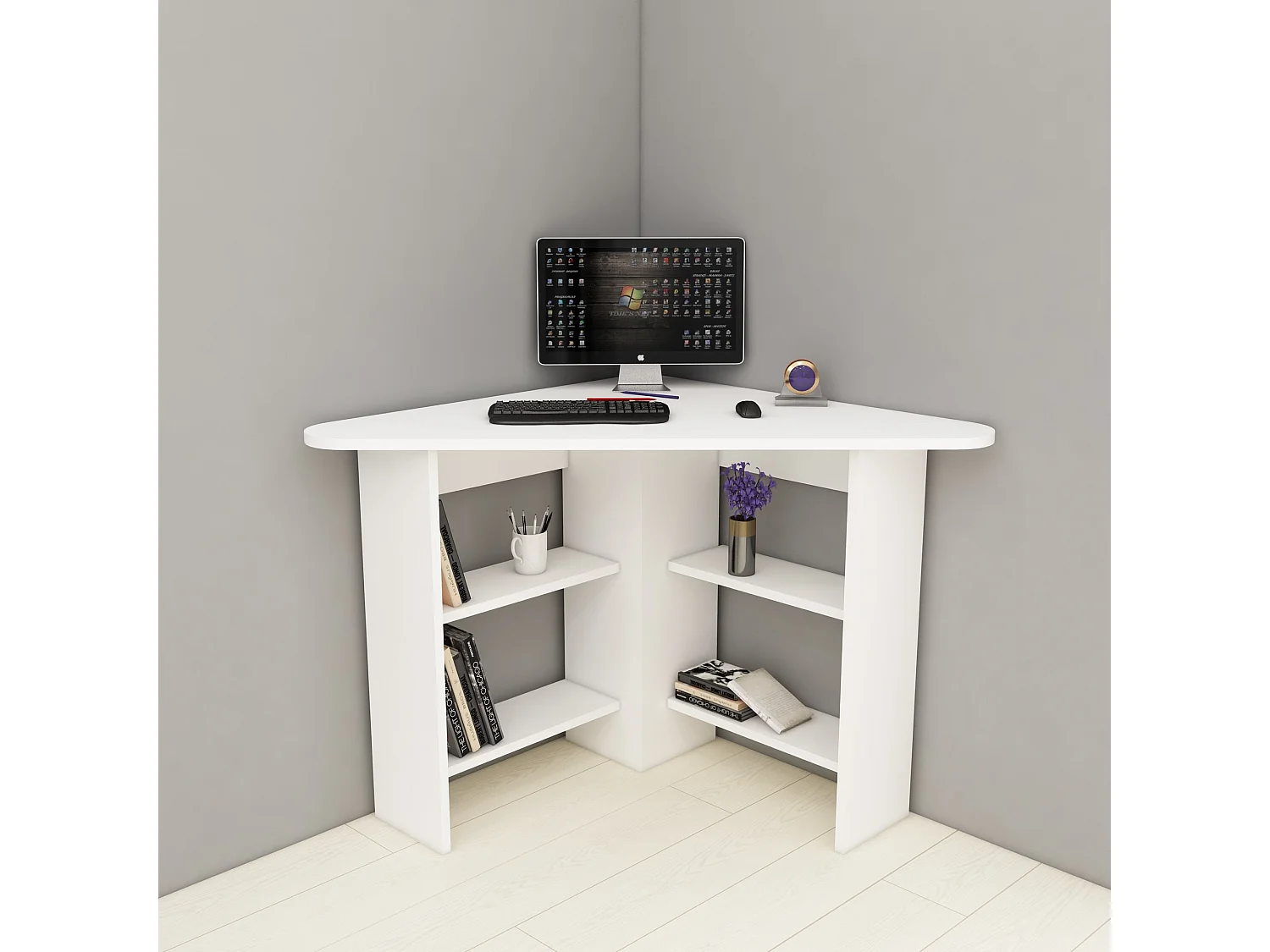 Modern hörnskrivbord i vitt trä med 4 hyllor - 80 x 80 x 73 cm