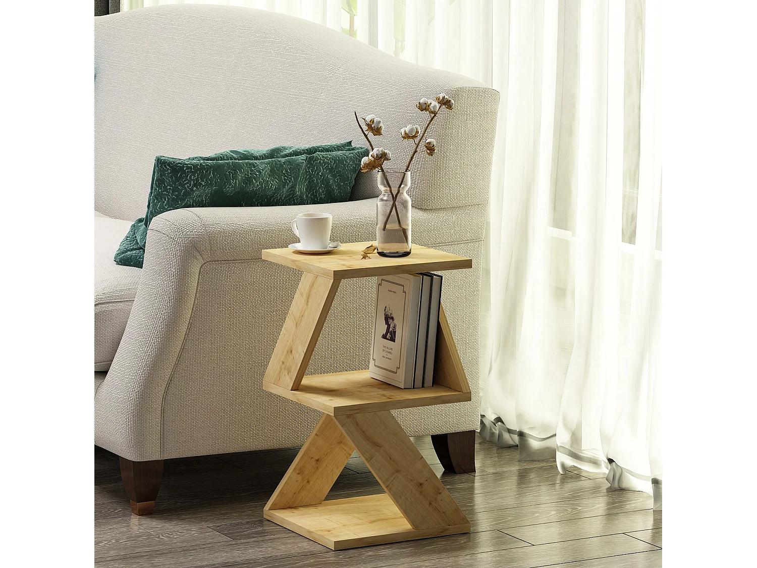 Houten bijzettafel "Albeni" 30x30x50 cm, 2 planken, Saffier Eiken afwerking, modern en functioneel design