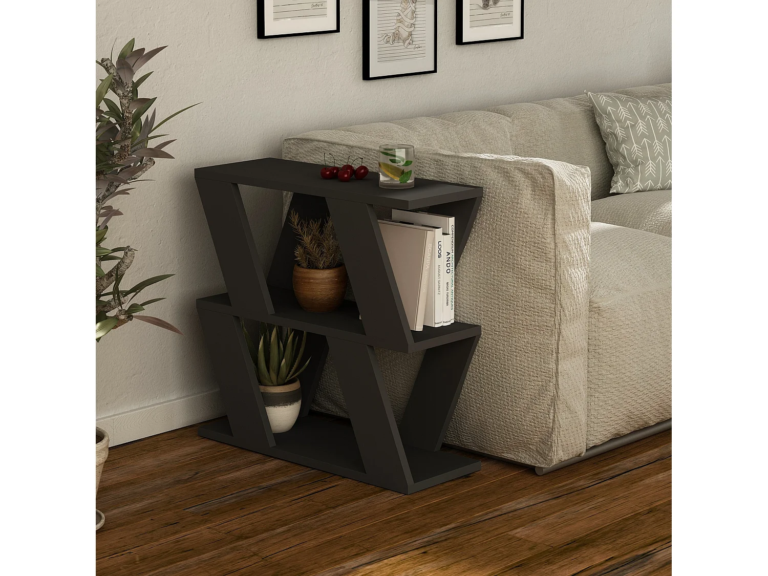 Bijzettafel Lazena van Hout Antraciet 60x22x57 cm met 2 Planken Scandinavisch Design