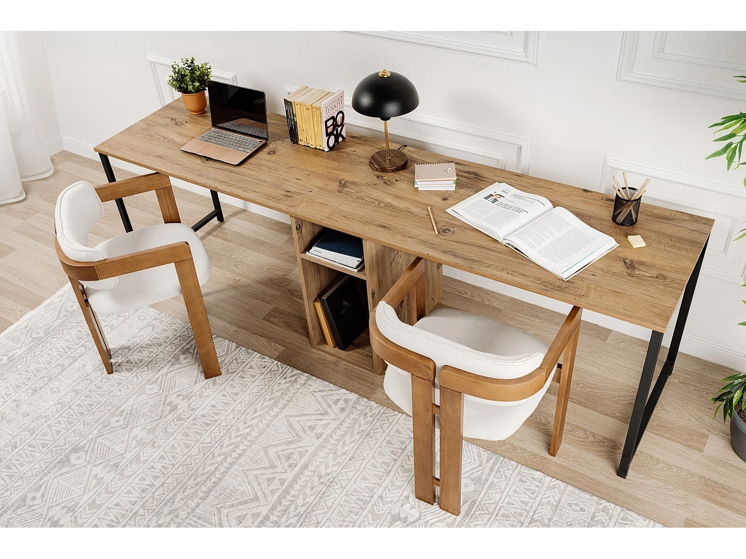 Bureau en bois "Twin Study Desk" - 240 x 60 x 74 cm - Pin atlantiqueNoir