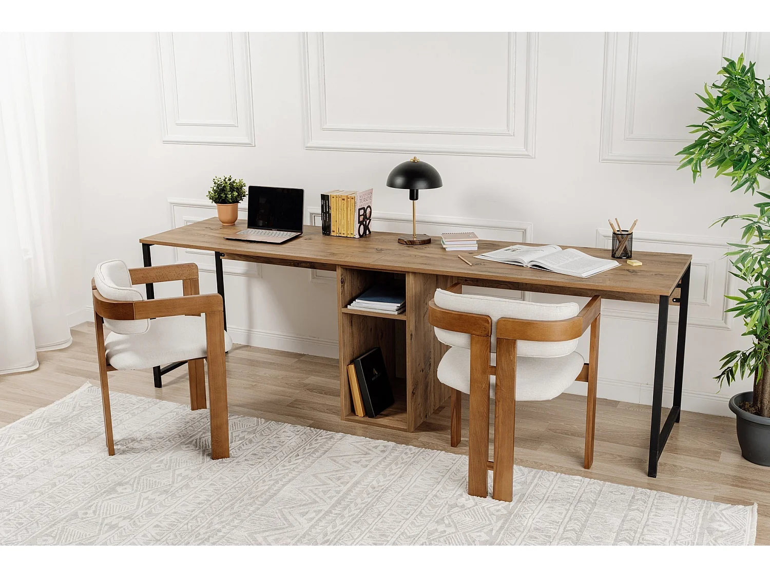 Bureau en bois "Twin Study Desk" - 240 x 60 x 74 cm - Pin atlantiqueNoir