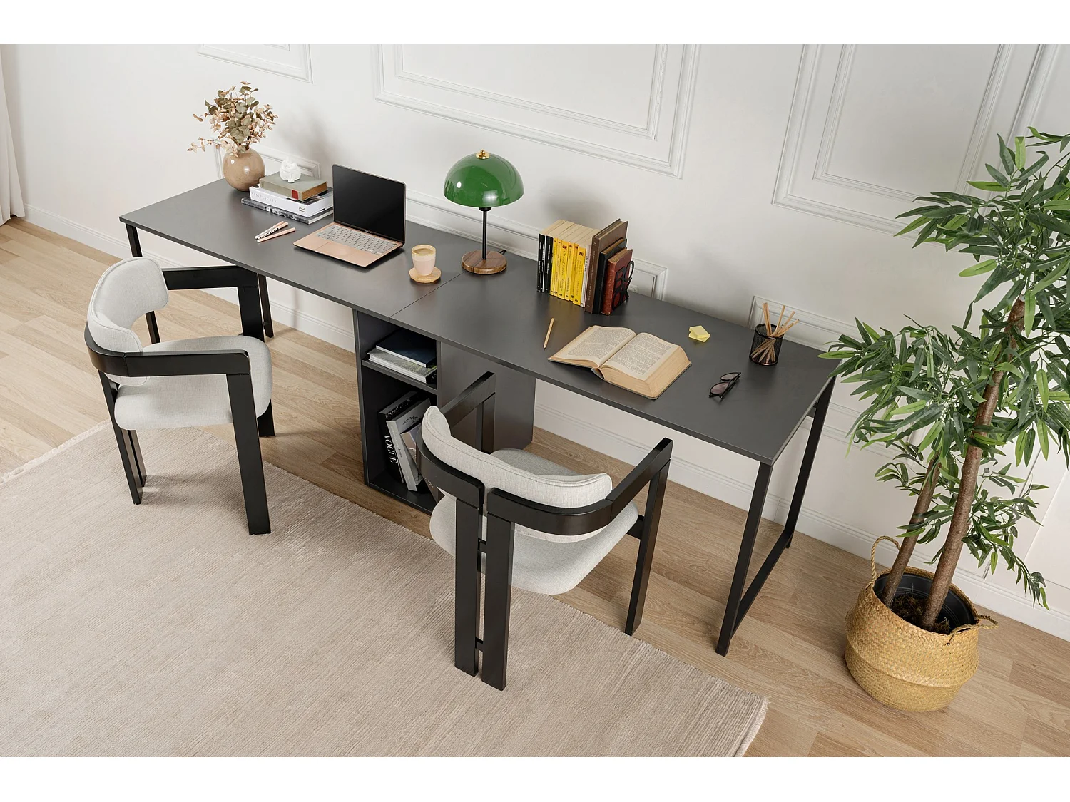 Bureau en bois "Twin Study Desk" - 240 x 60 x 74 cm - AnthraciteNoir