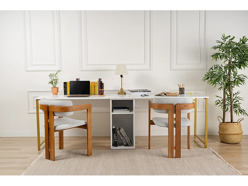 Bureau en bois "Twin Study Desk" - 240 x 60 x 74 cm - Or blanc