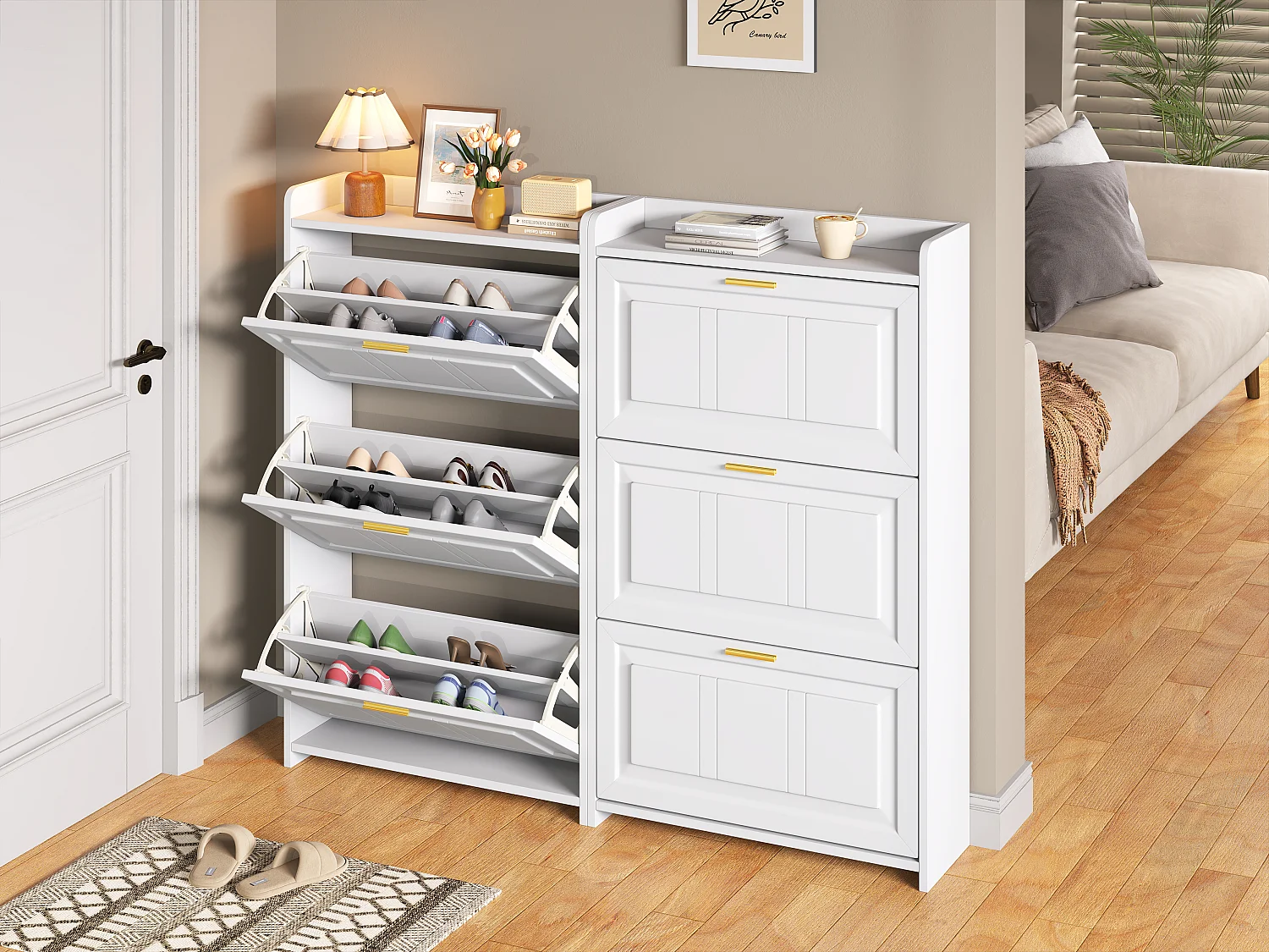 Schuhschrank für den Eingangsbereich – 2 x 70 x 24 x 120 cm – mit 6 Fächern – MDF + Spanplatte – weiß