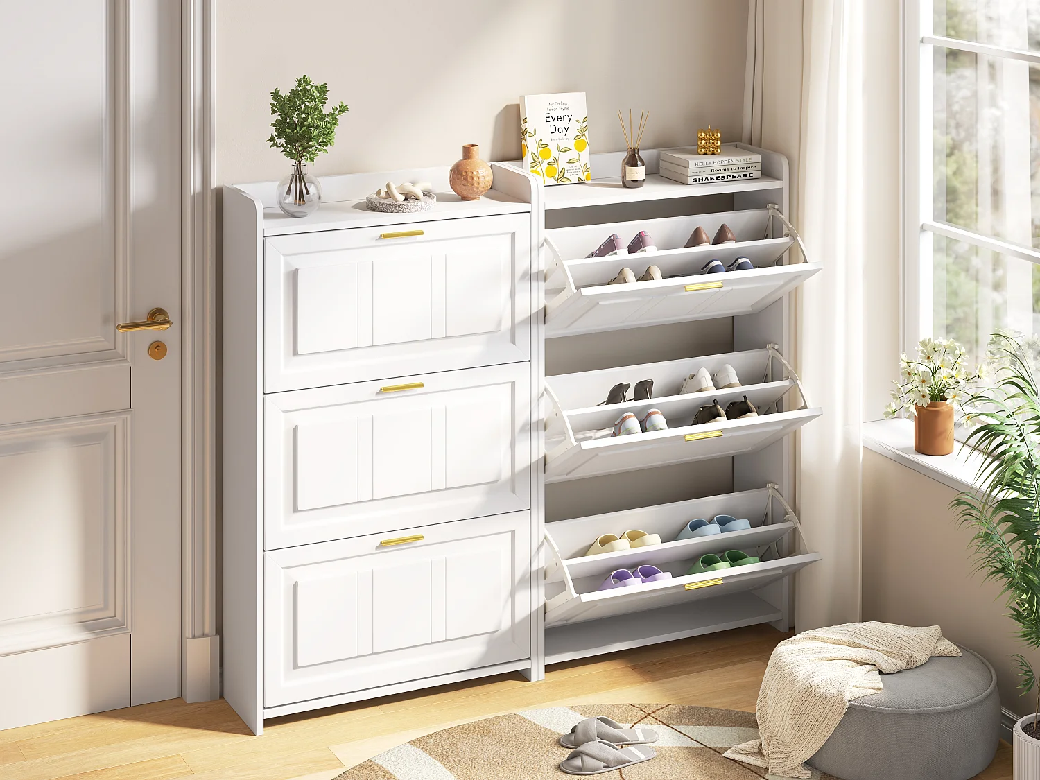 Schuhschrank für den Eingangsbereich – 2 x 70 x 24 x 120 cm – mit 6 Fächern – MDF + Spanplatte – weiß