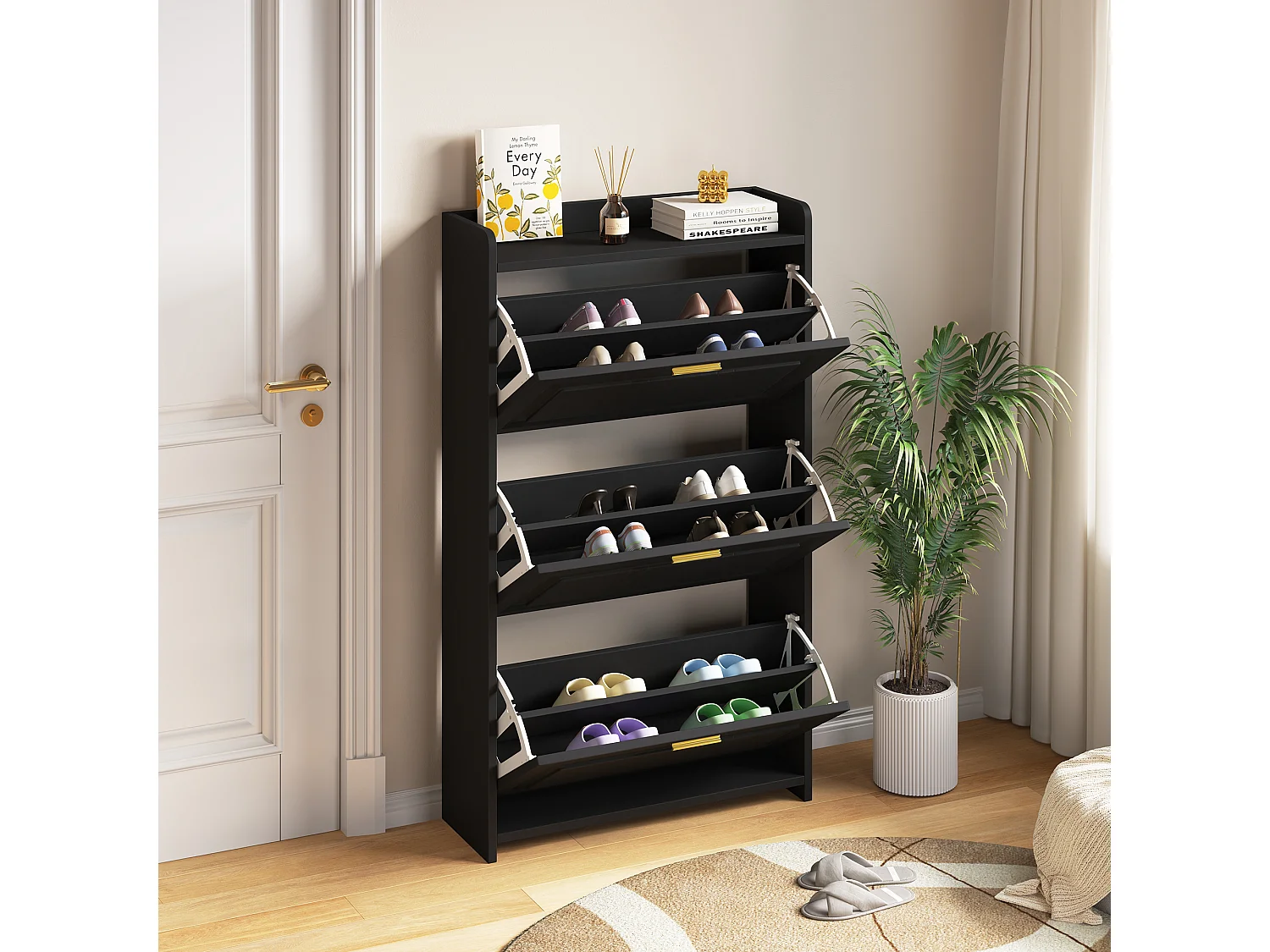 Schuhschrank für den Eingangsbereich – 70 x 24 x 120 cm – mit 6 Fächern – MDF + Spanplatte – schwarz