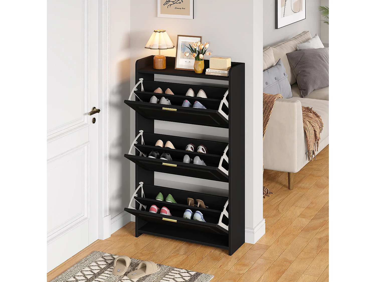 Schuhschrank für den Eingangsbereich – 70 x 24 x 120 cm – mit 6 Fächern – MDF + Spanplatte – schwarz