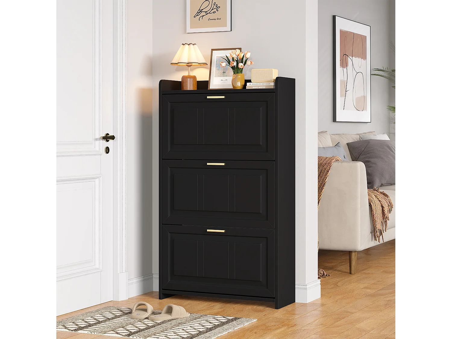 Schuhschrank für den Eingangsbereich – 70 x 24 x 120 cm – mit 6 Fächern – MDF + Spanplatte – schwarz