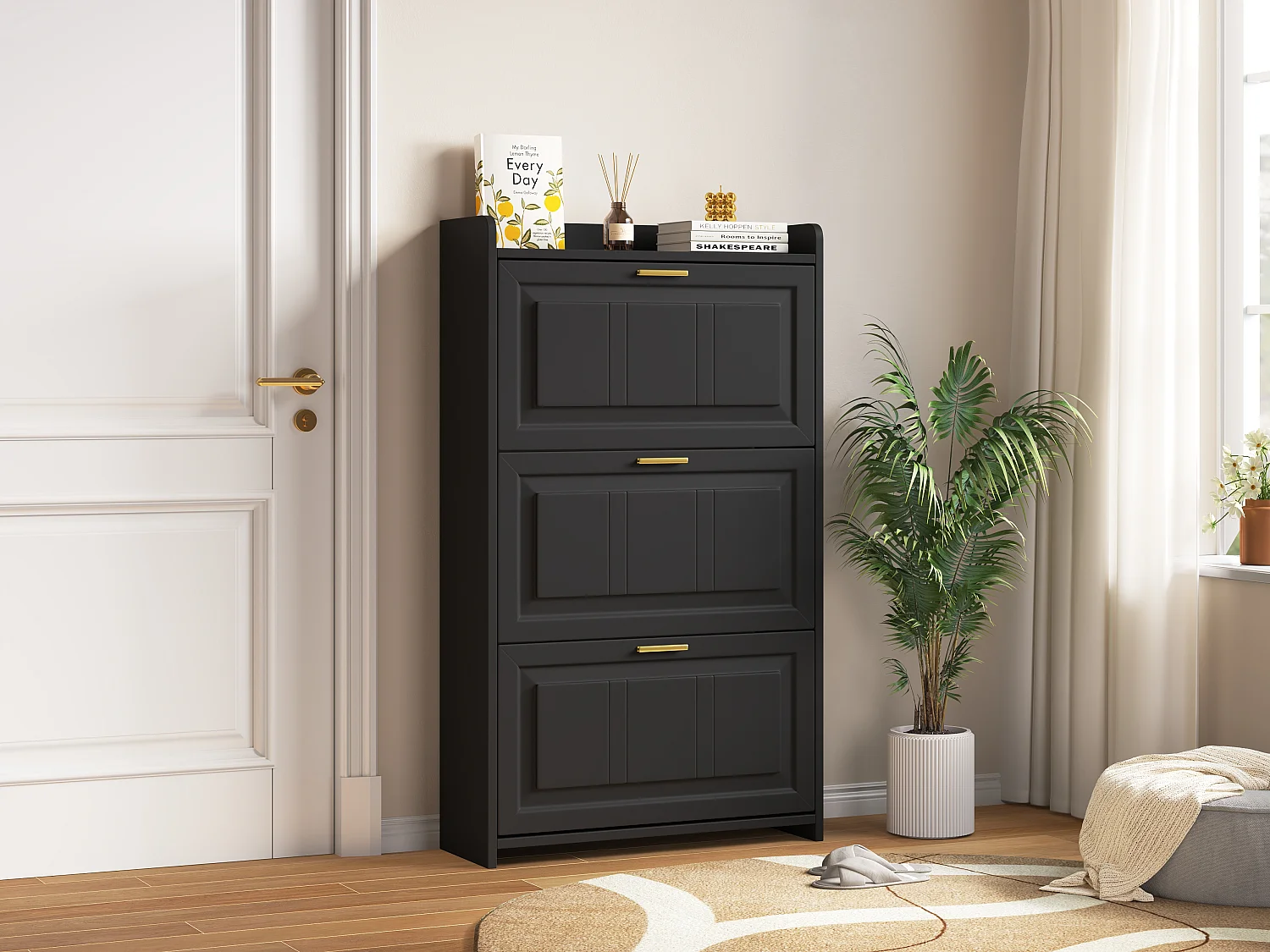 Schuhschrank für den Eingangsbereich – 70 x 24 x 120 cm – mit 6 Fächern – MDF + Spanplatte – schwarz