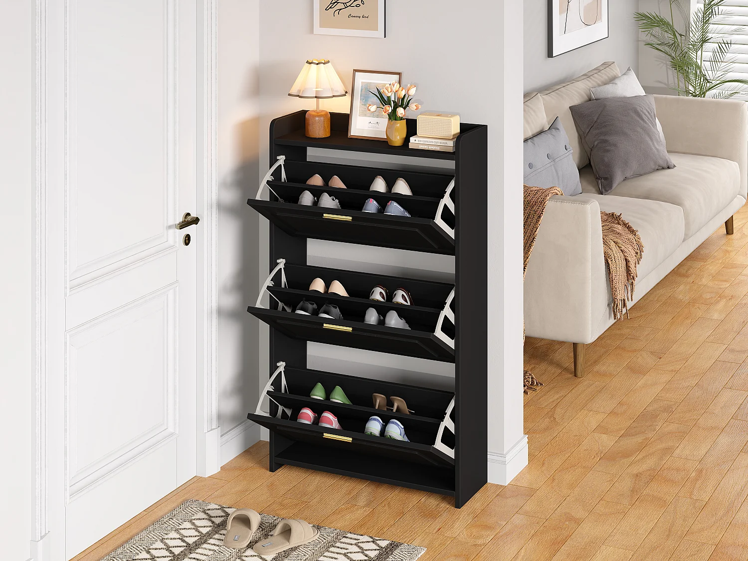 Schuhschrank für den Eingangsbereich – 70 x 24 x 120 cm – mit 6 Fächern – MDF + Spanplatte – schwarz