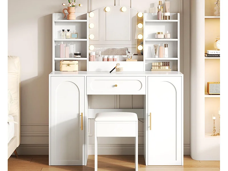 Coiffeuse avec miroir 110x40x132cm - avec LED réglable - avec 1 tabouret - avec 1 tiroir et 2 portes - Blanc