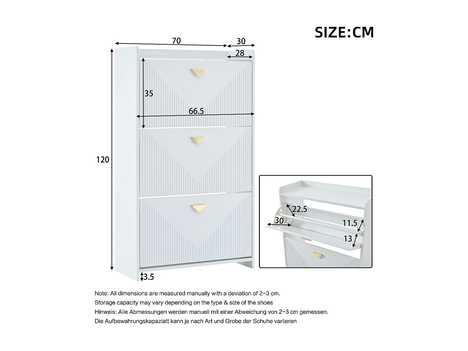 Schuhschrank für den Eingangsbereich – 70 x 30 x 120 cm – mit 3 Klapptüren – MDF – weiß
