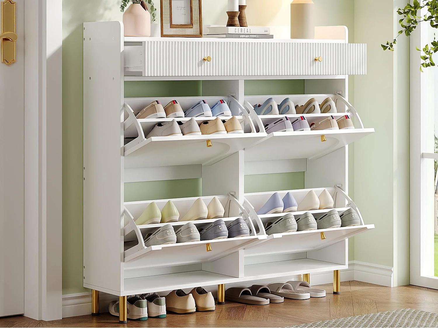 Meuble à chaussures 106.5x25x105.5cm - avec 4 portes abattants et 2 tiroirs - blanc