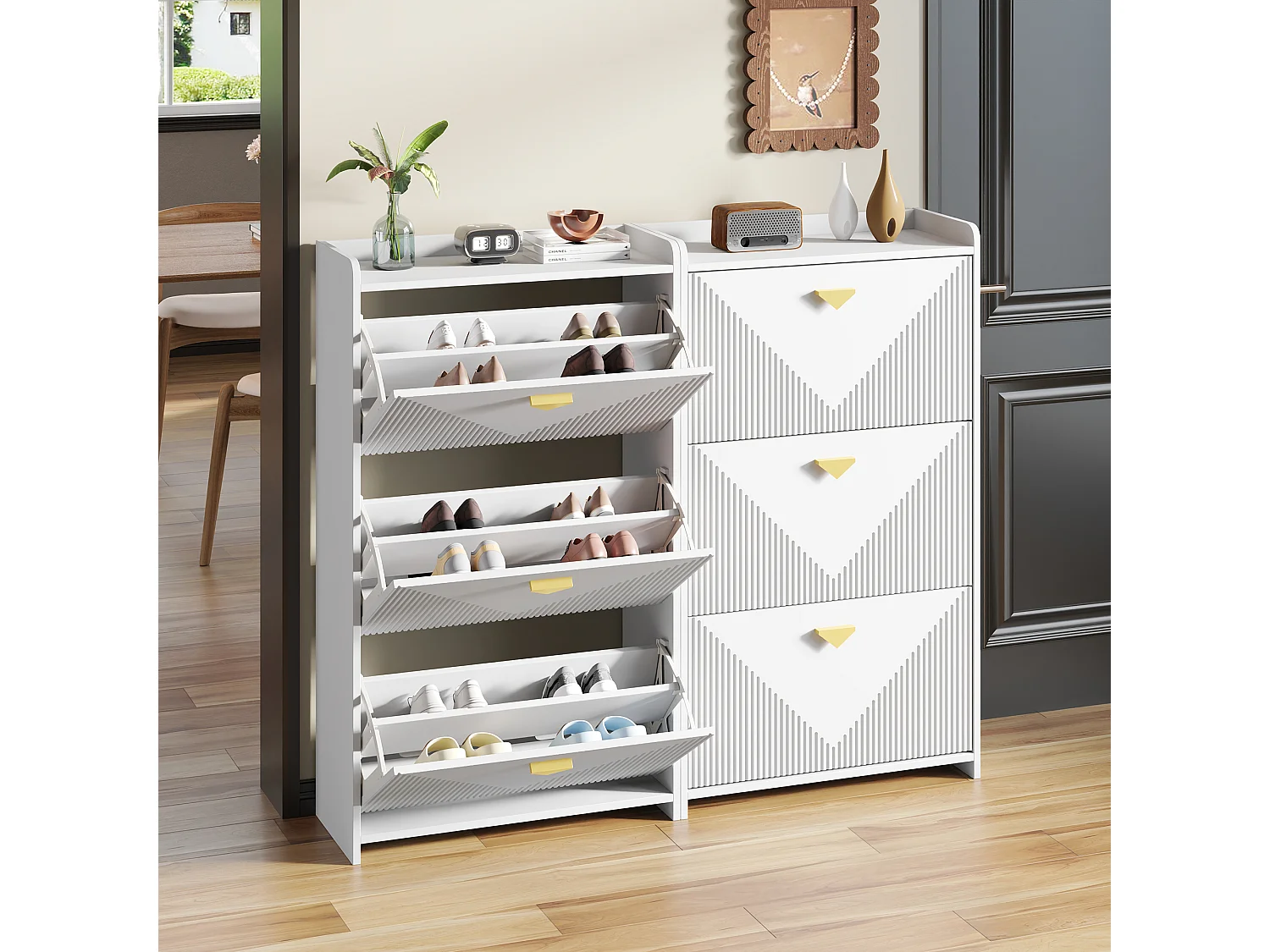 Schuhschrank für den Eingangsbereich – 2 x 70 x 30 x 120 cm – mit 3 Klapptüren – MDF – weiß