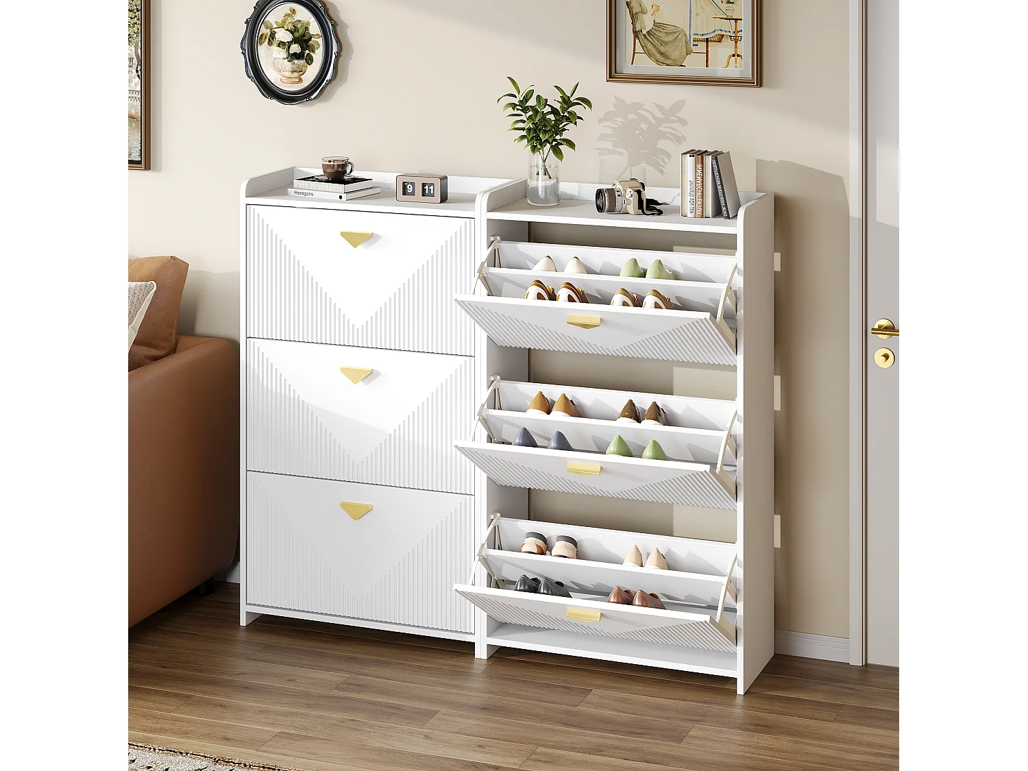 Schuhschrank für den Eingangsbereich – 2 x 70 x 30 x 120 cm – mit 3 Klapptüren – MDF – weiß