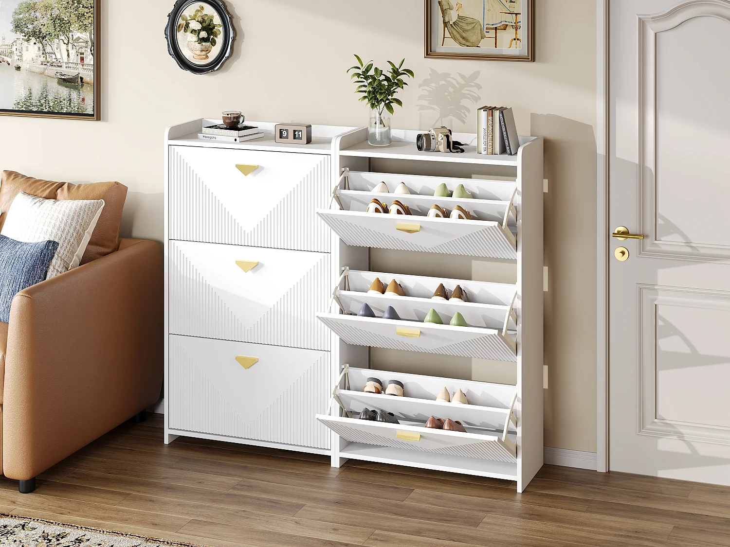 Schuhschrank für den Eingangsbereich – 2 x 70 x 30 x 120 cm – mit 3 Klapptüren – MDF – weiß