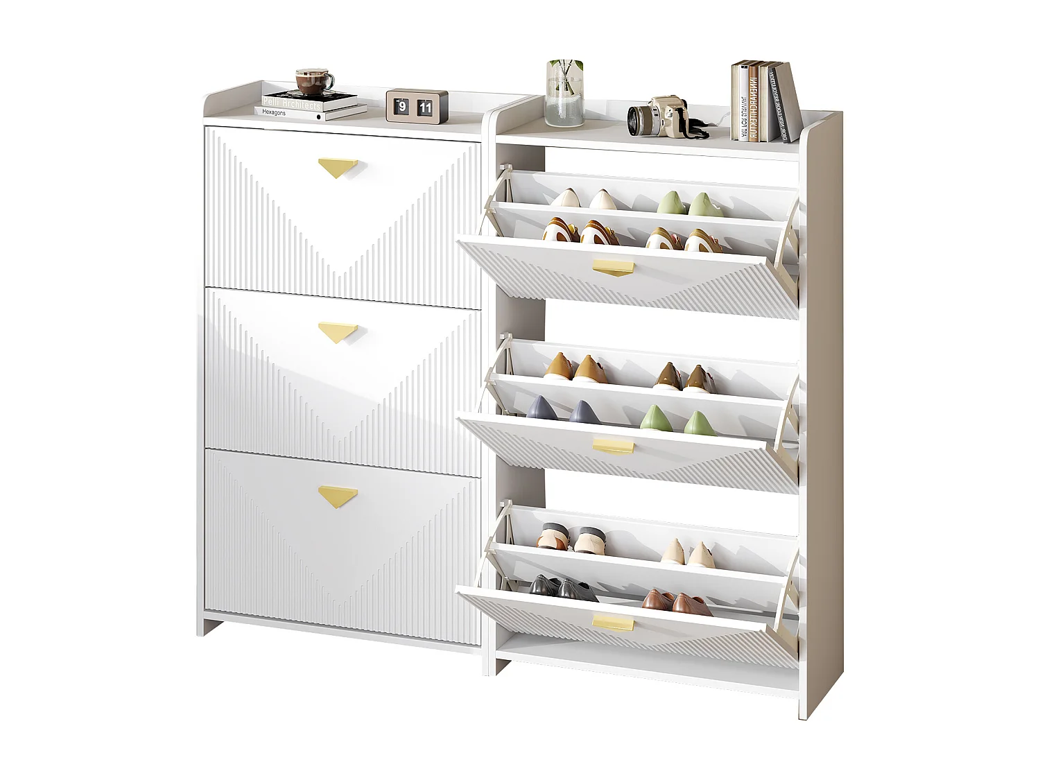 Schuhschrank für den Eingangsbereich – 2 x 70 x 30 x 120 cm – mit 3 Klapptüren – MDF – weiß