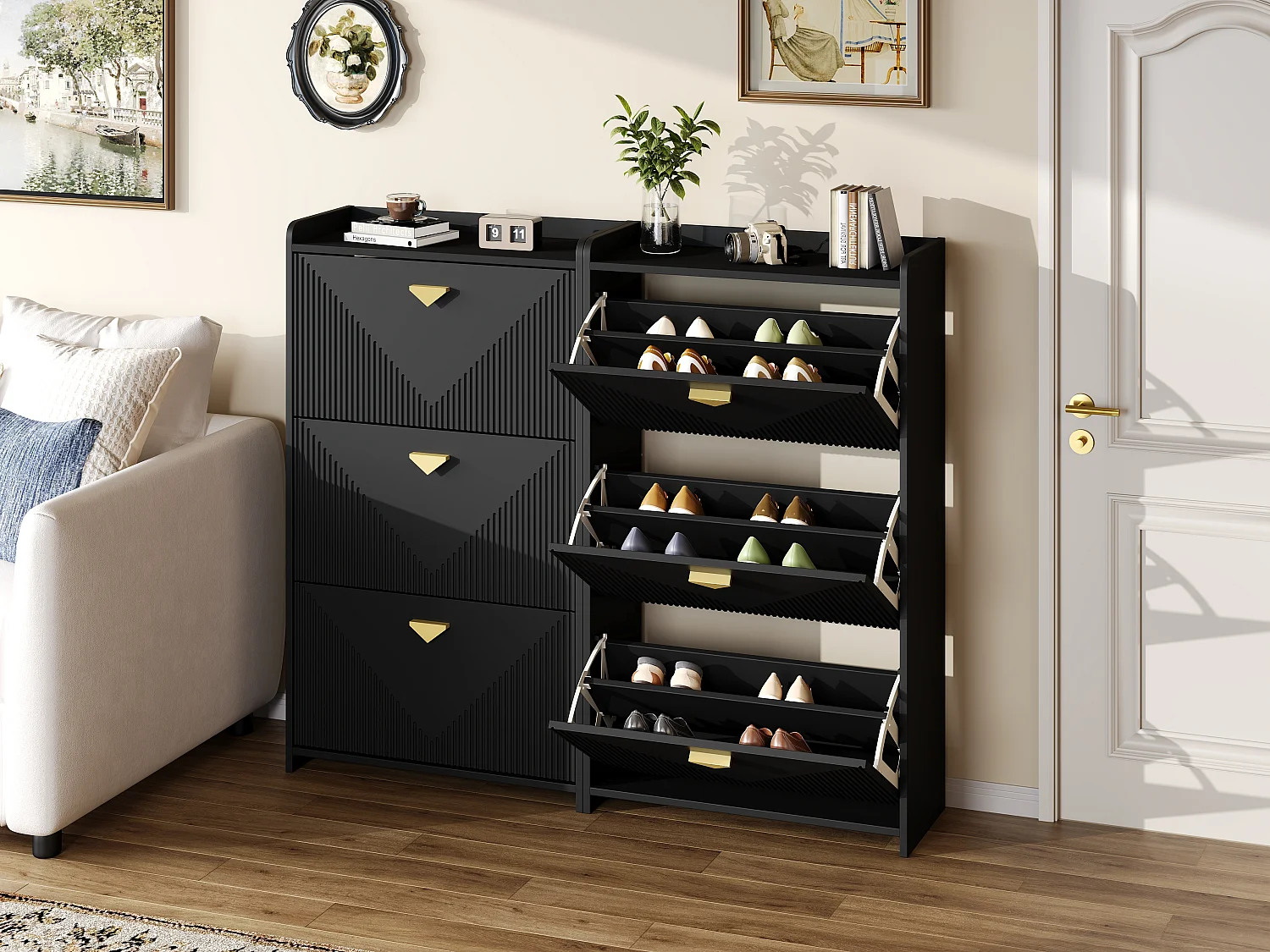 Schuhschrank für den Eingangsbereich – 2 x 70 x 30 x 120 cm – mit 3 Klapptüren – MDF – schwarz