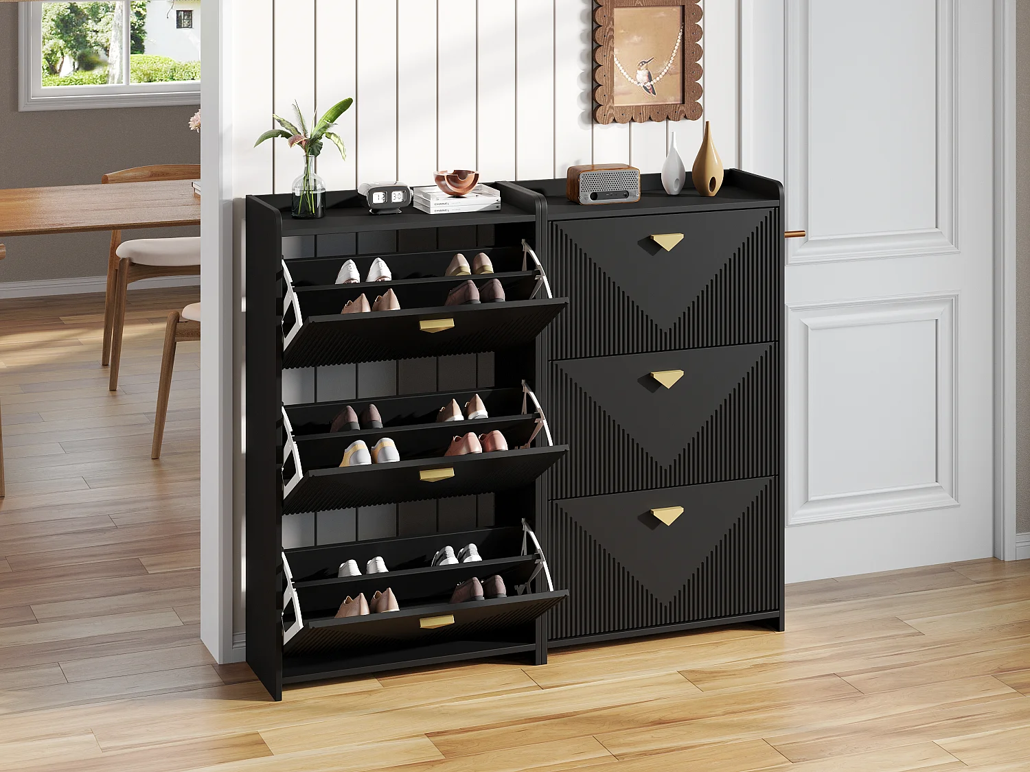Schuhschrank für den Eingangsbereich – 2 x 70 x 30 x 120 cm – mit 3 Klapptüren – MDF – schwarz