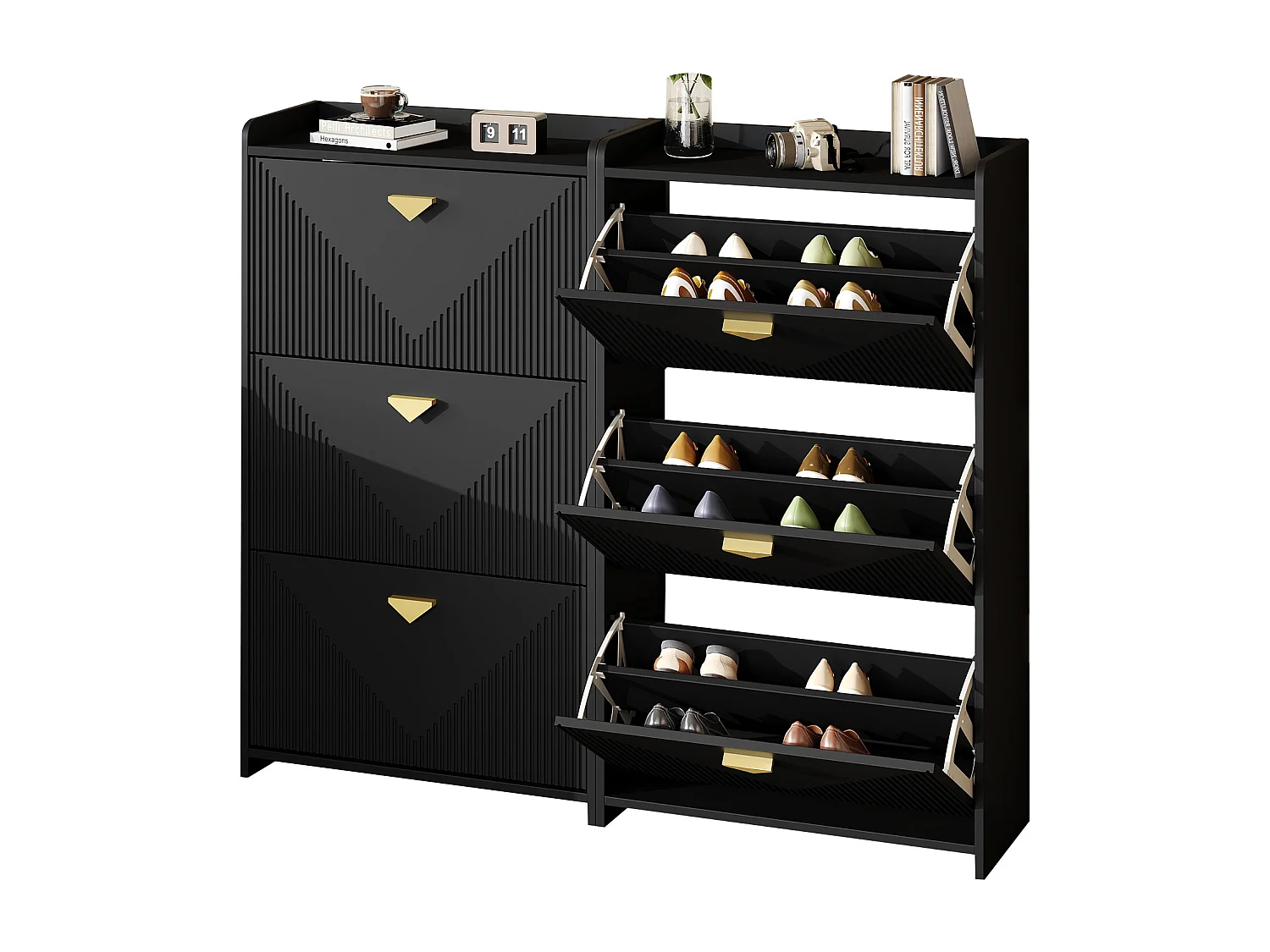 Schuhschrank für den Eingangsbereich – 2 x 70 x 30 x 120 cm – mit 3 Klapptüren – MDF – schwarz