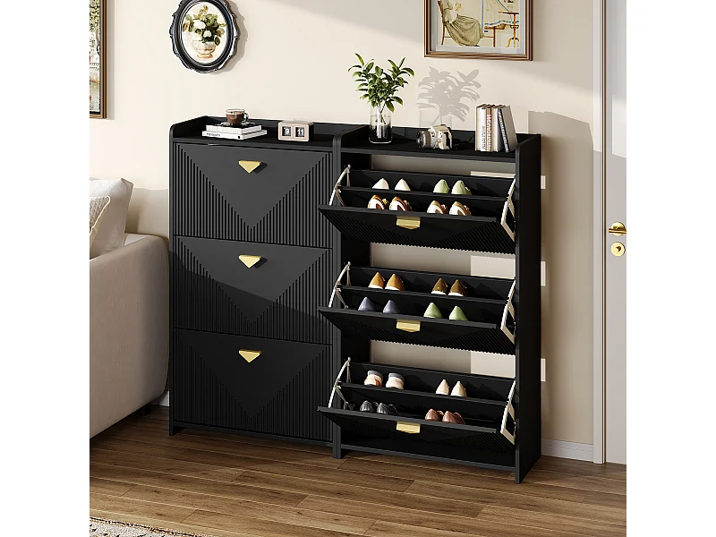 Schuhschrank für den Eingangsbereich – 2 x 70 x 30 x 120 cm – mit 3 Klapptüren – MDF – schwarz