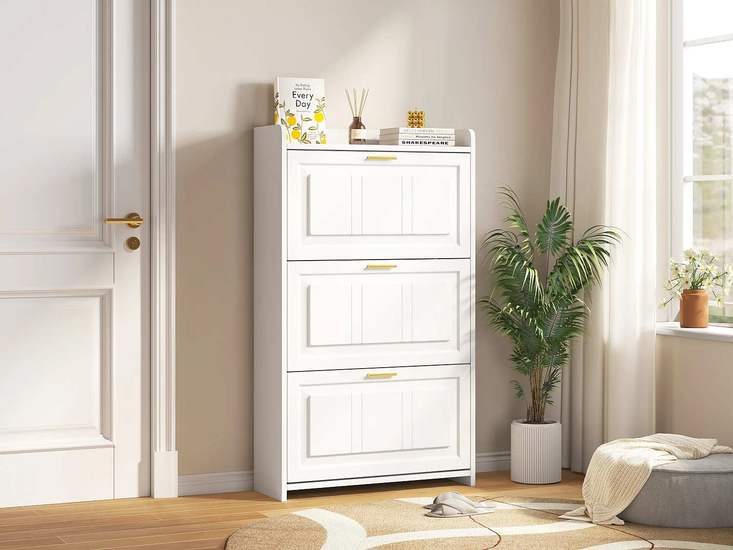 Schuhschrank für den Eingangsbereich – 70 x 24 x 120 cm – mit 6 Fächern – MDF + Spanplatte – weiß