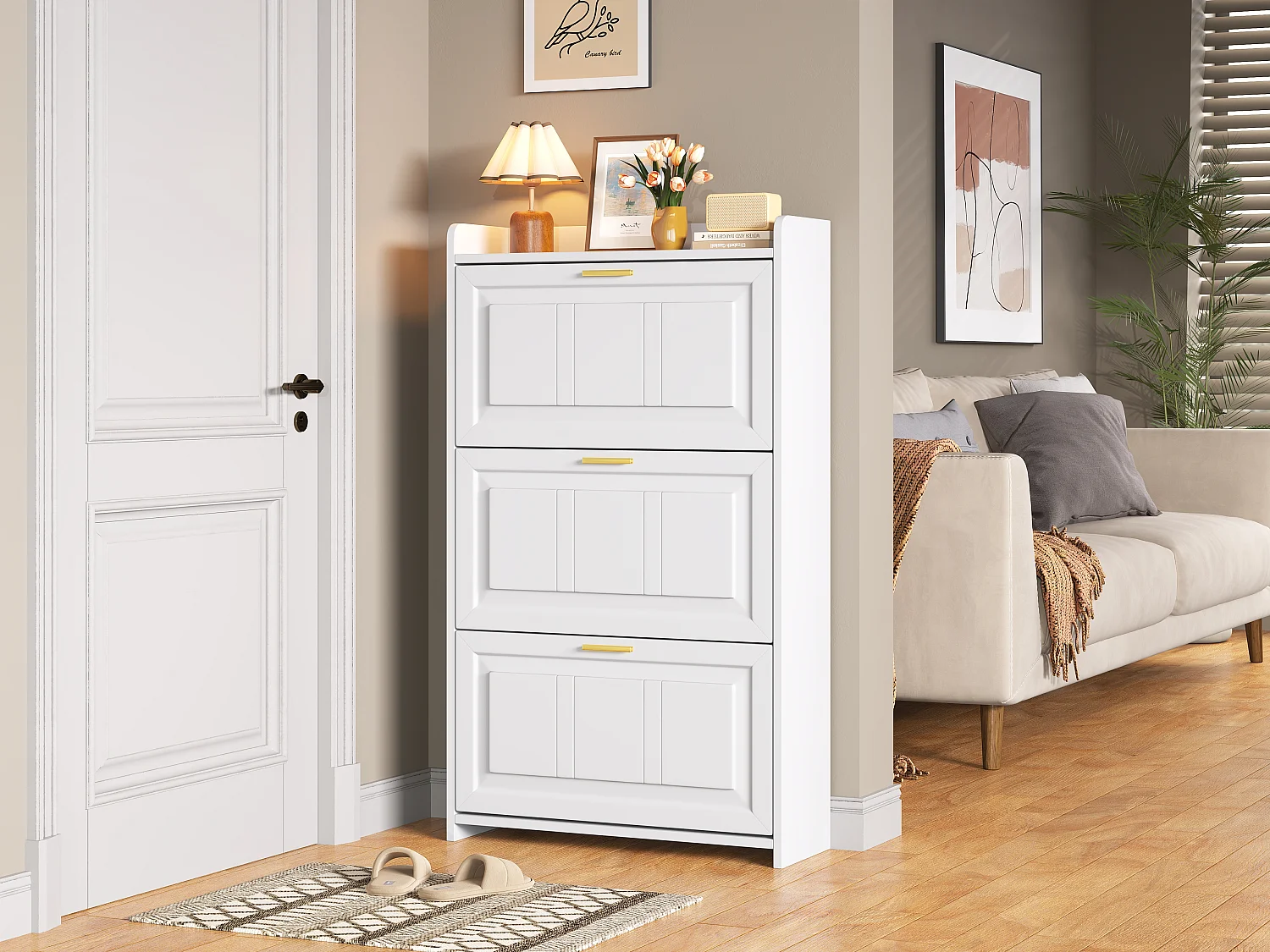 Schuhschrank für den Eingangsbereich – 70 x 24 x 120 cm – mit 6 Fächern – MDF + Spanplatte – weiß