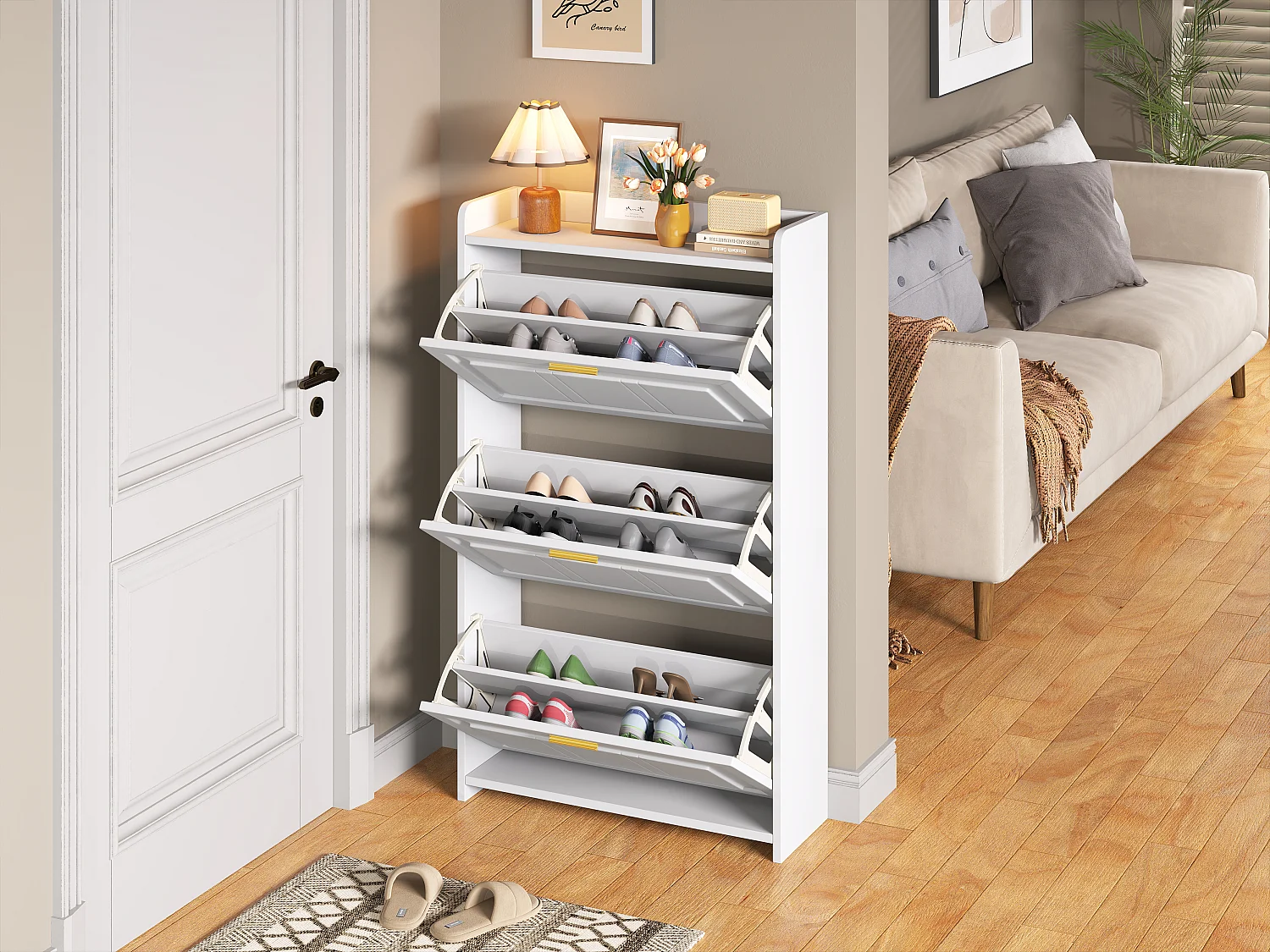 Schuhschrank für den Eingangsbereich – 70 x 24 x 120 cm – mit 6 Fächern – MDF + Spanplatte – weiß