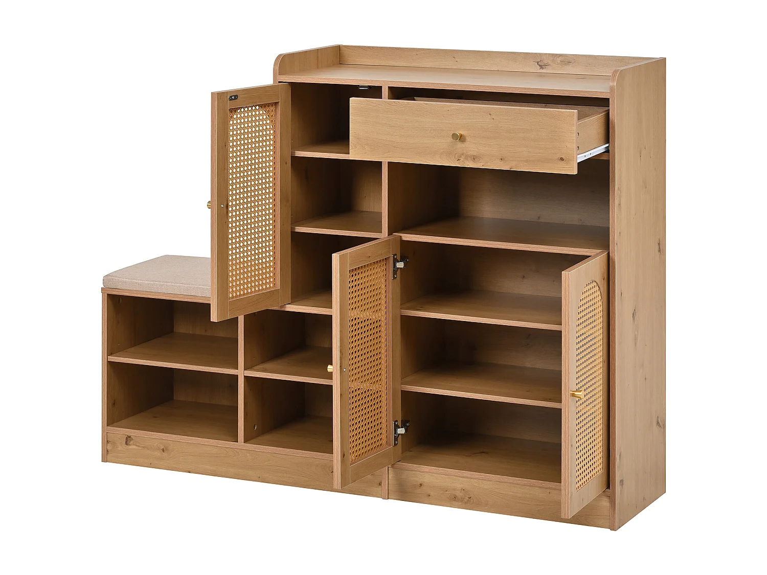 Meuble à chaussures multifonctionnelle 142x35x110cm - avec un siège rembourré - avec 3 portes en rotin et 1 tiroir - Naturel