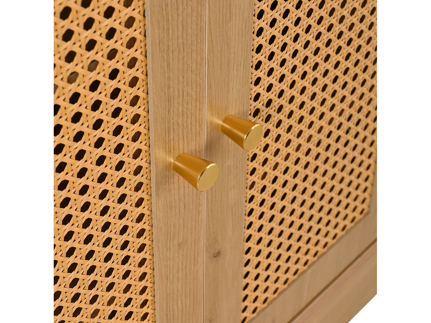 Meuble à chaussures multifonctionnelle 142x35x110cm - avec un siège rembourré - avec 3 portes en rotin et 1 tiroir - Naturel